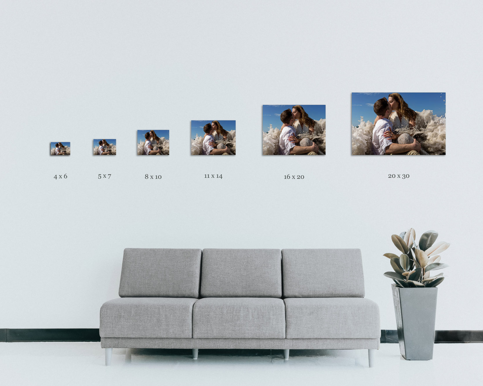 photo print sizes displayed on wall