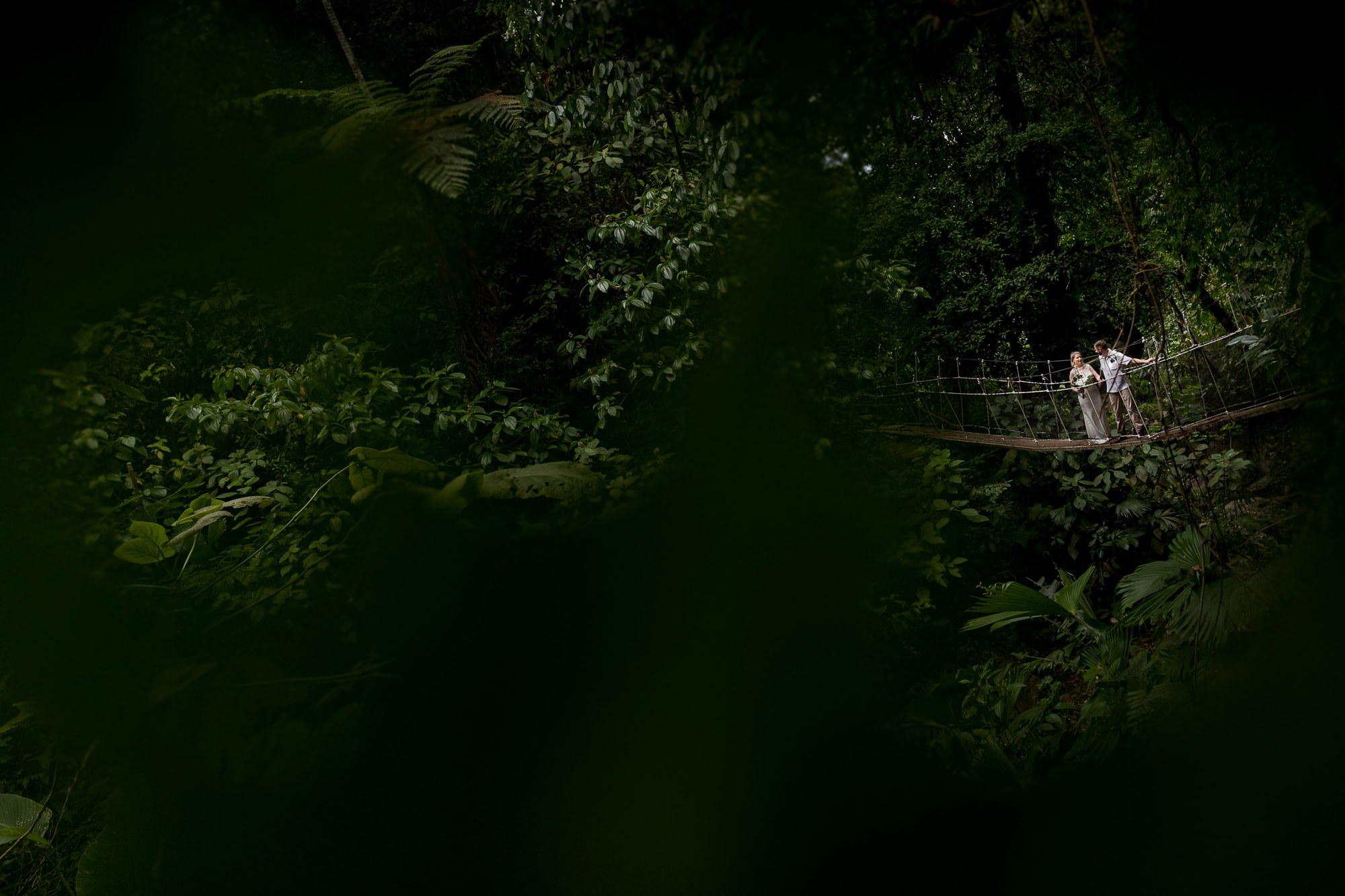 Bride and groom on suspension bridge in costa rican rainforest