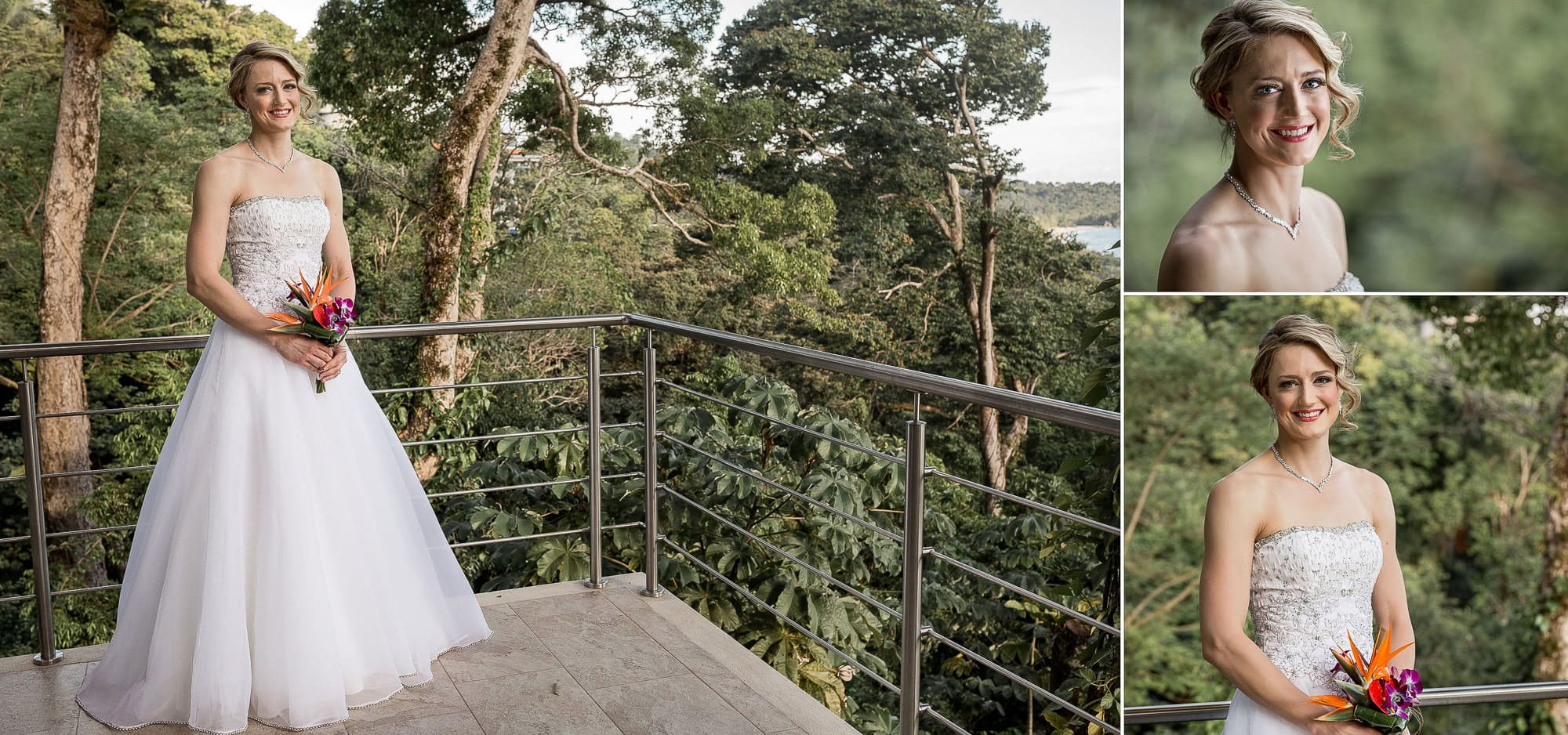 The bride on a balcony with a forest background